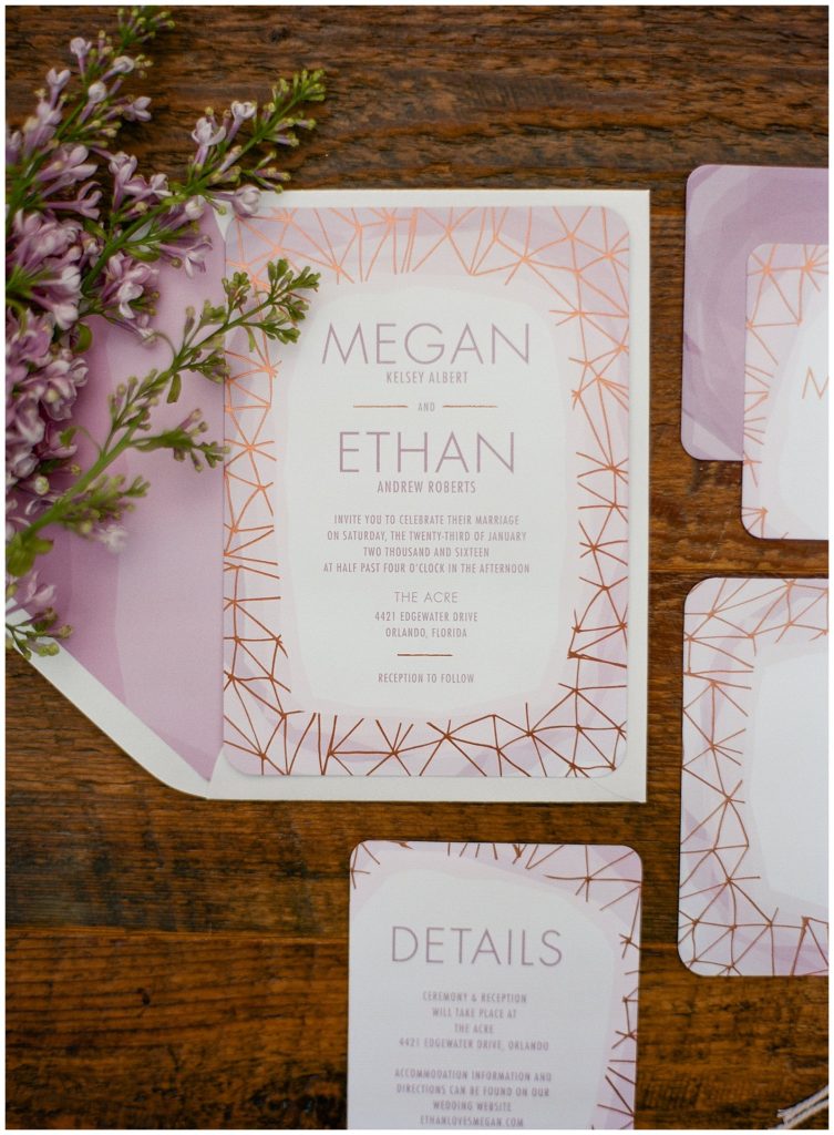 Lavender and copper geometric wedding invitation || The Ganeys