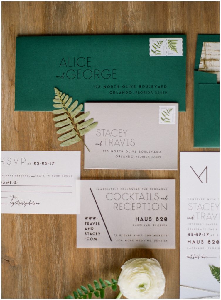Modern greenery wedding invitations by Eleven Note, styled by Amber Veatch Designs || The Ganeys