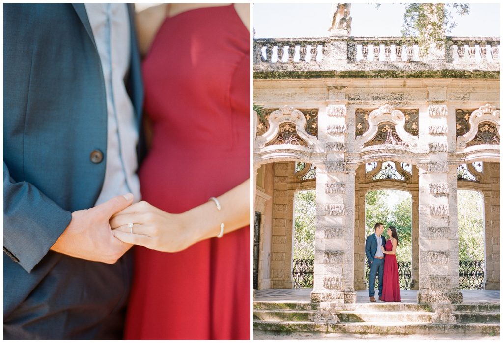 Maroon engagement dress with navy suit