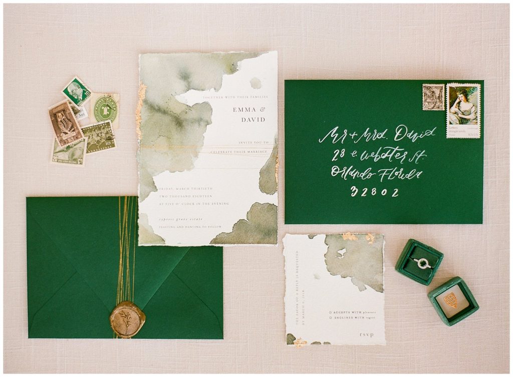 Green and gold custom watercolor wedding invitation from Andi Meija