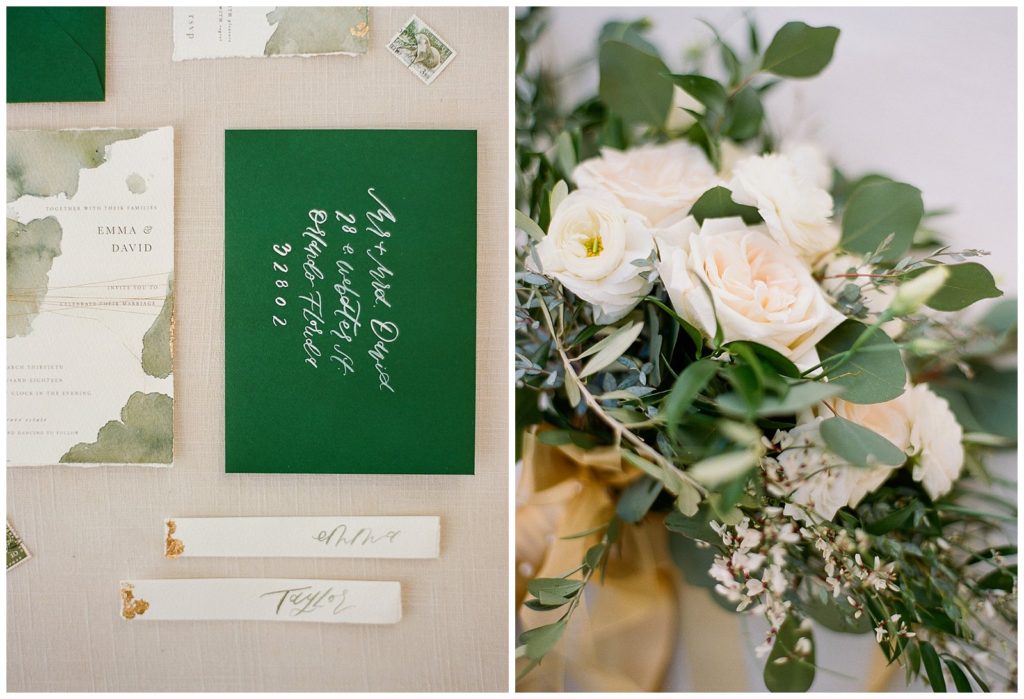 Emerald and Gold watercolor invitation suite from Andi Meija Calligraphy
