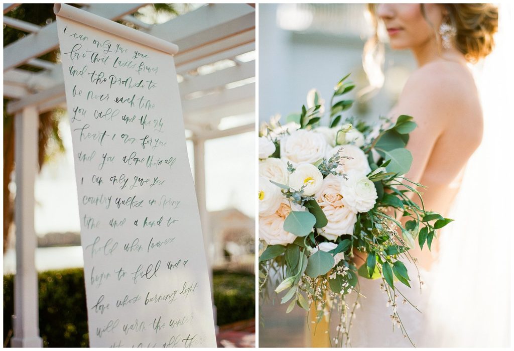 Vow scroll by Andi Meija and white and green bouquet from Flowers by Lesley