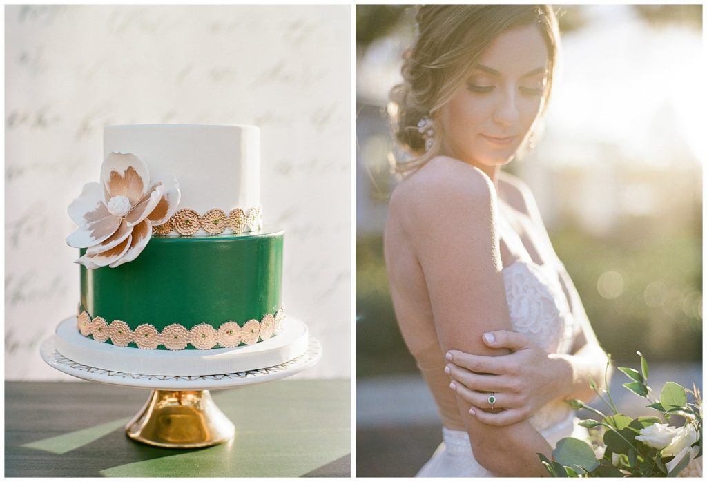 Emerald and gold two tiered wedding cake from Sugar Sugar Orlando Cake || The Ganeys