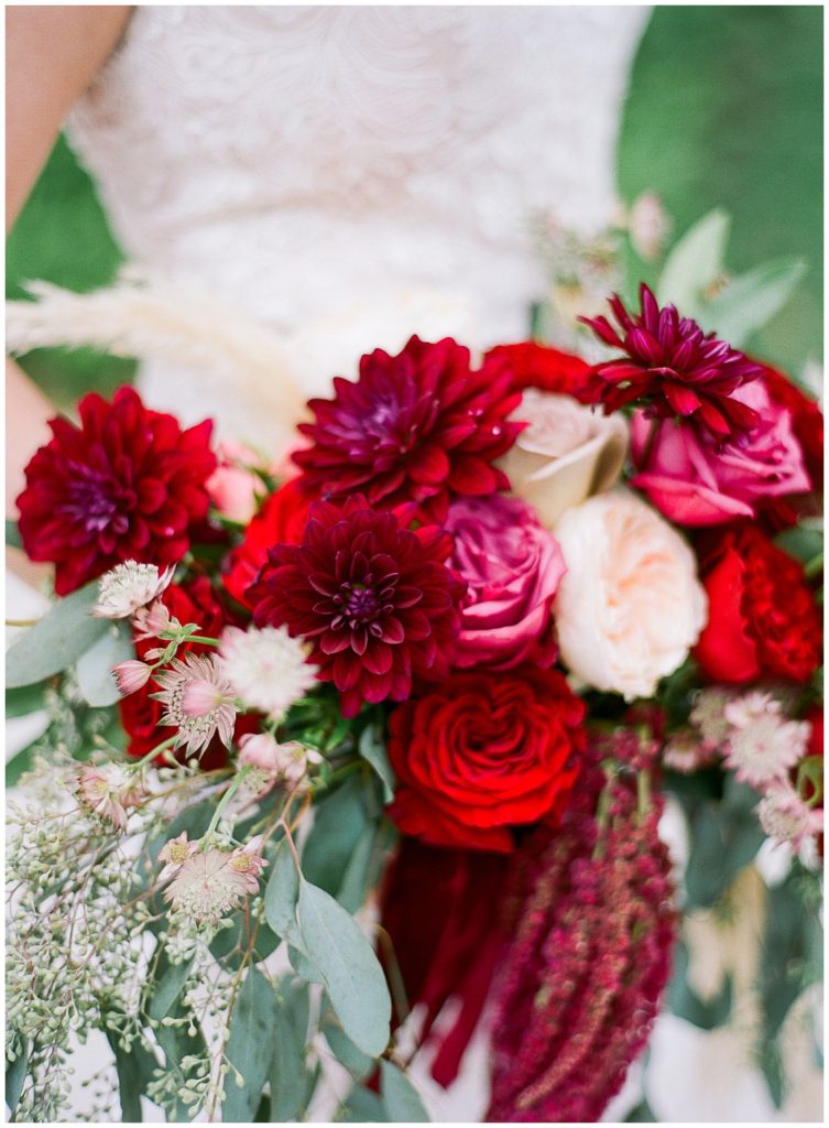 Red and pink boho wedding bouquet