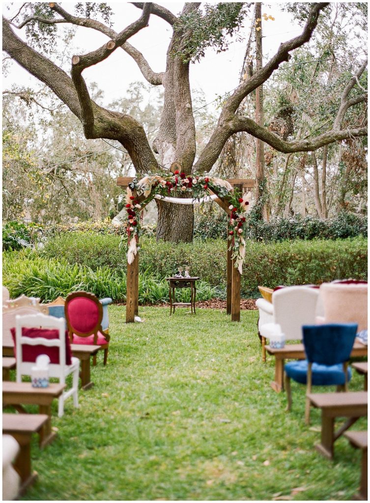 Unique boho wedding ceremony with upholstered furniture by Ever After Vintage Weddings || The Ganeys