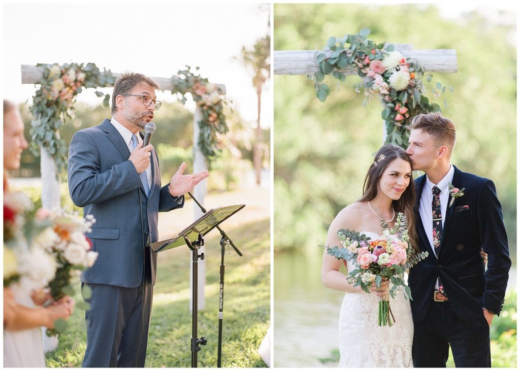 Outdoor wedding ceremony with floral arch