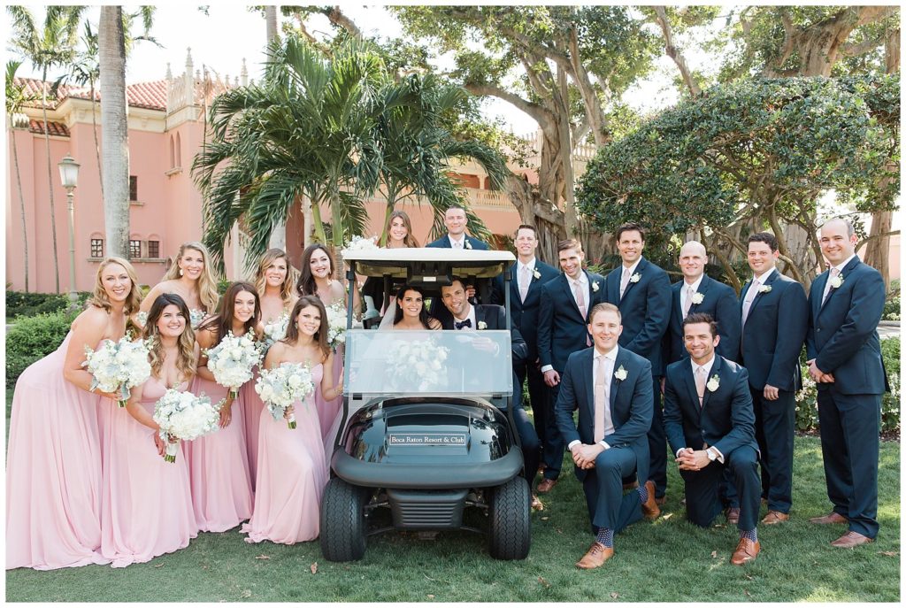 golf cart wedding party photos