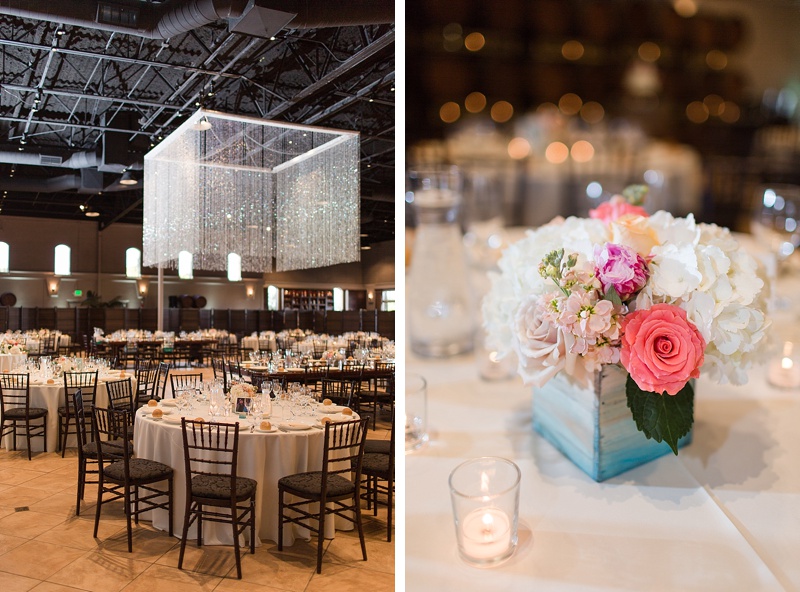 Indoor reception at the Palm Event Center with chandelier