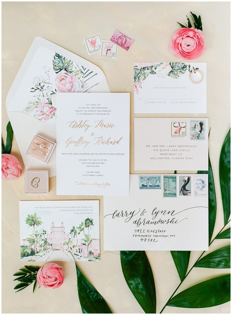 EVR Paper Invitation suite with tropical envelope liner and watercolor venue sketch for Don CeSar wedding || The Ganeys
