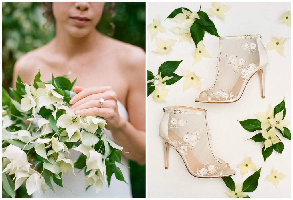 Bella Belle wedding shoes and Ashley Zhang engagement ring