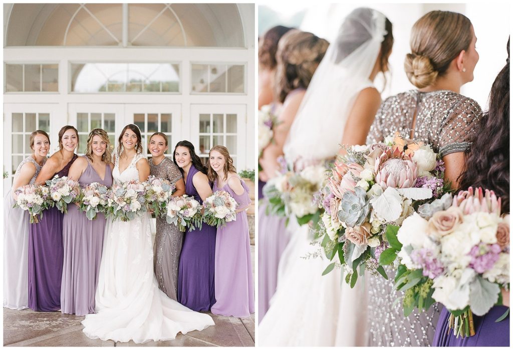Mismatched lavender bridesmaids dresses with bouquets from Buds n Blooms and planning by Sash & Bow at the Oneida Country Club