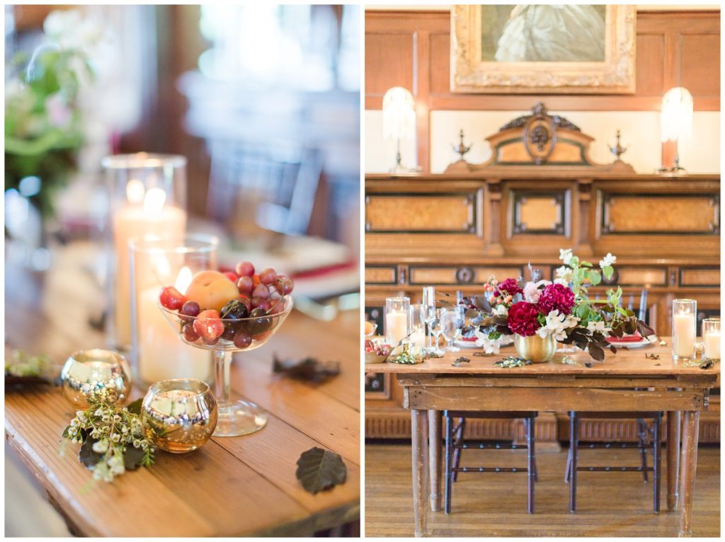 Berry toned wedding reception at Thornewood Castle
