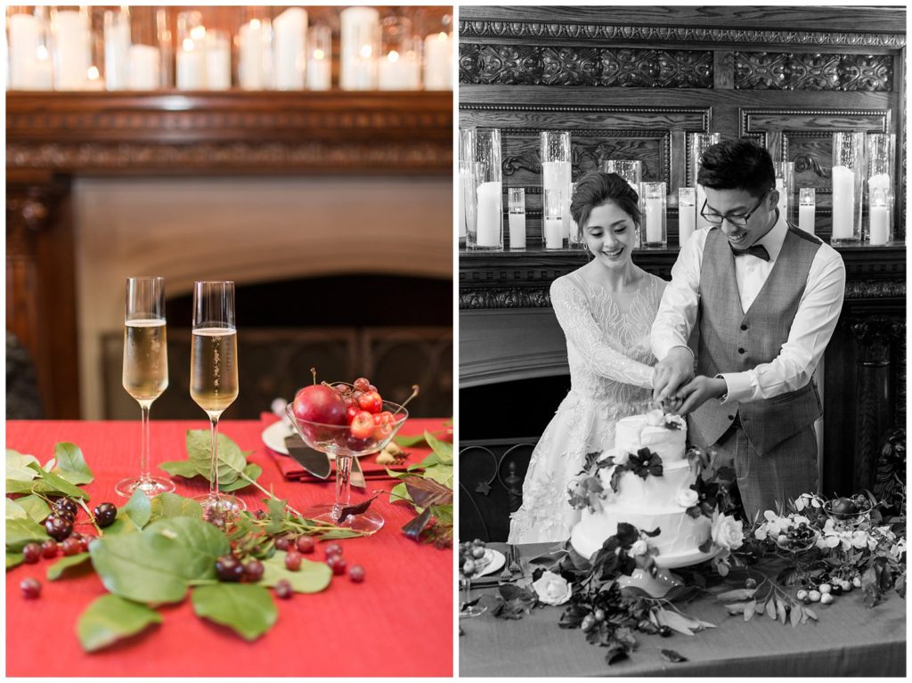 Berry toned wedding reception at Thornewood Castle