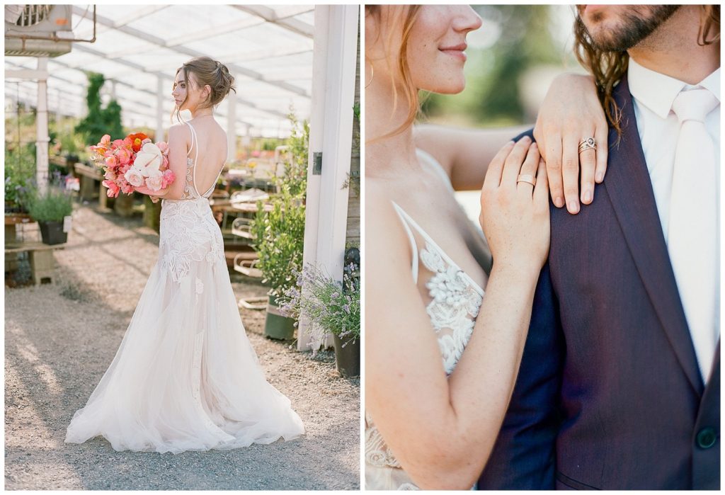 Liz Martinez wedding gown for Seattle Wedding at Greenhouse with Gather Design Company