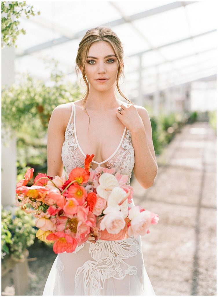 Seattle greenhouse wedding inspiration with orange ombre bouquet from Gather Design Company with Liz Martinez gown || The Ganeys