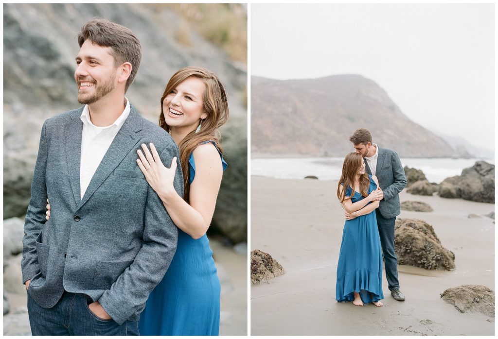 Muir Beach engagement photos in royal blue dress from Anthropologie