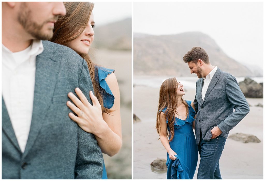 Engagement photos with royal blue dress and groom in gray