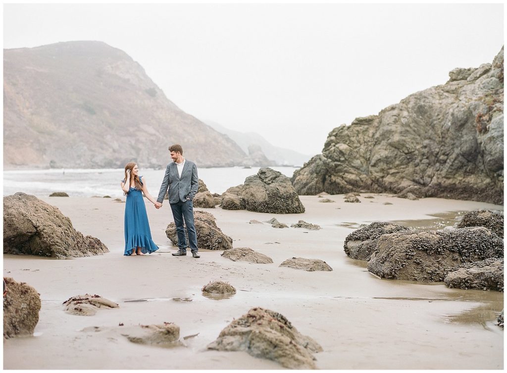 Muir Beach engagement photos in royal blue dress
