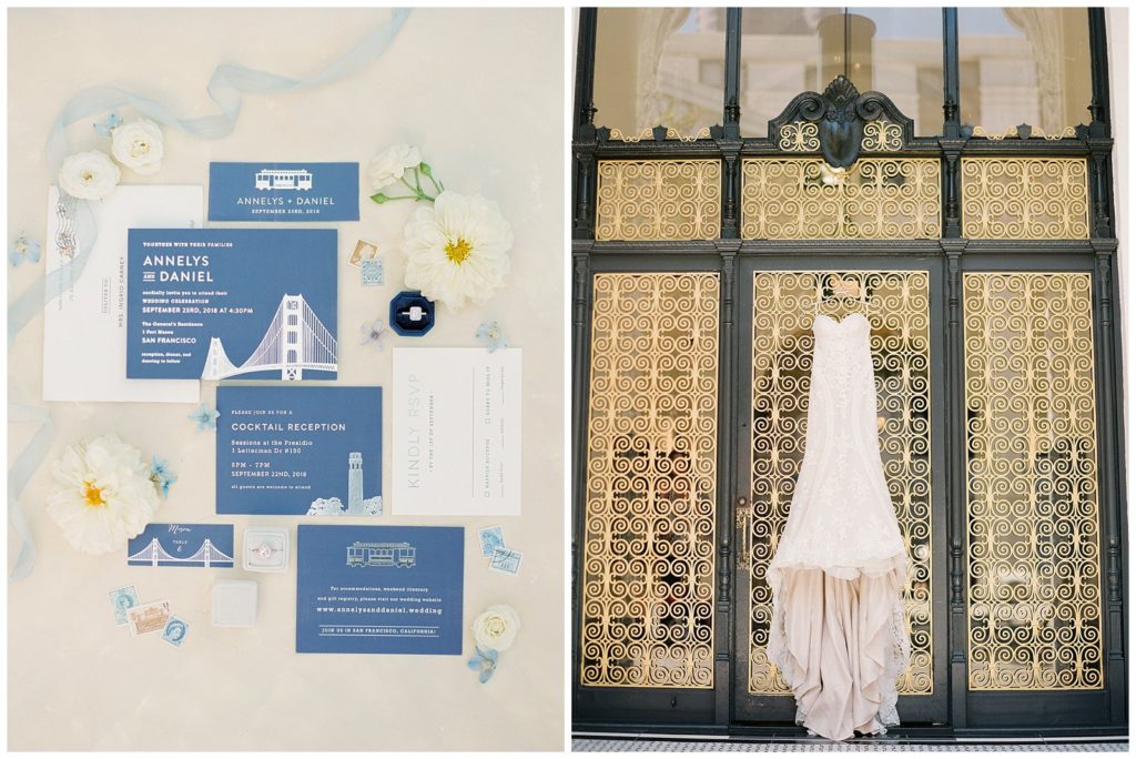 San Francisco wedding invitations with navy blue color scheme