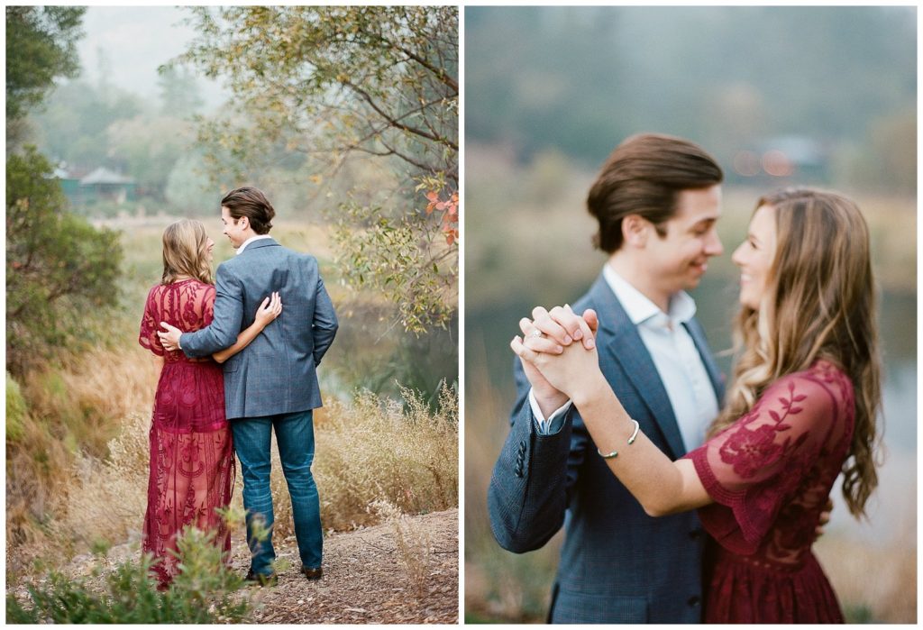 Fall engagement photos with maroon dress and blue blazer