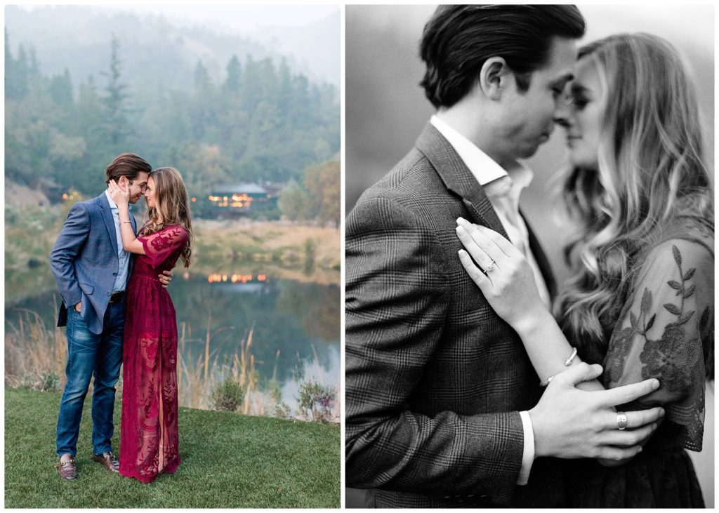 Fall engagement photos with maroon dress and blue blazer