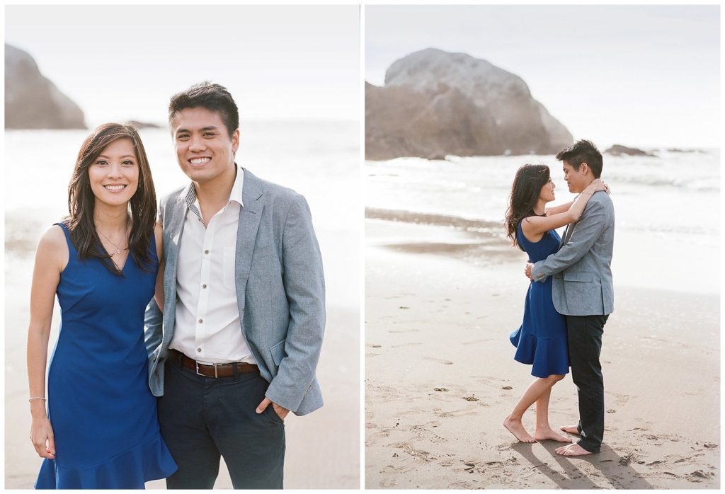 Film engagement photos on Rodeo Beach in Marin