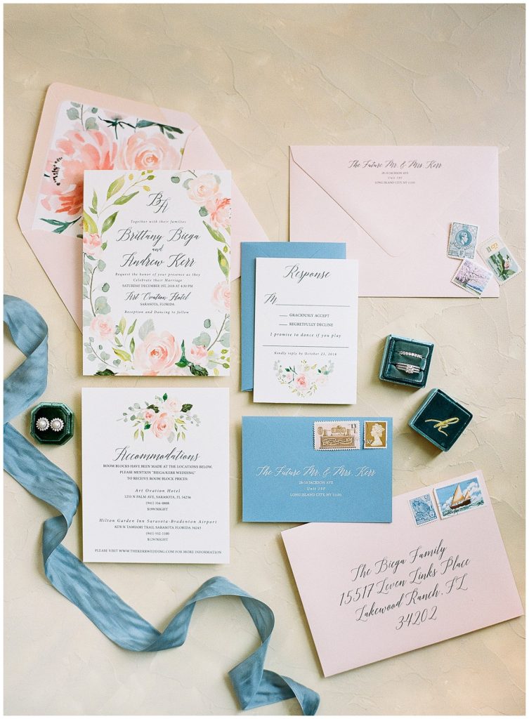 Pink floral watercolor wedding invitation created "By Invitation Only" with Amber Veatch Designs for an Art Ovation Hotel Wedding || The Ganeys