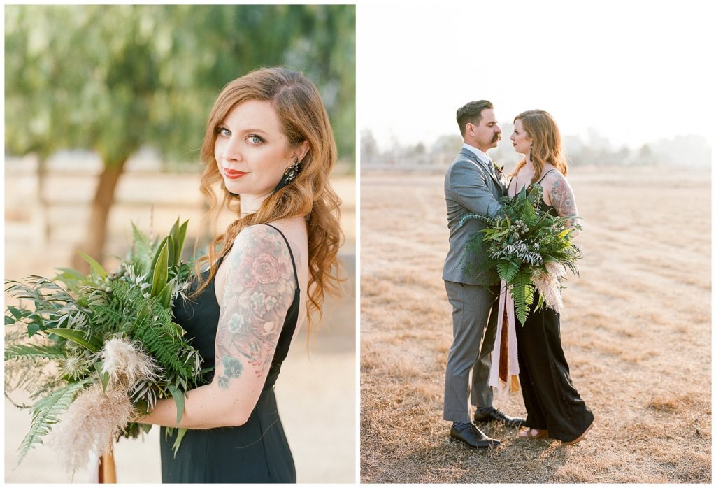 Tattooed bride with black jumpsuit in Livermore Wedding