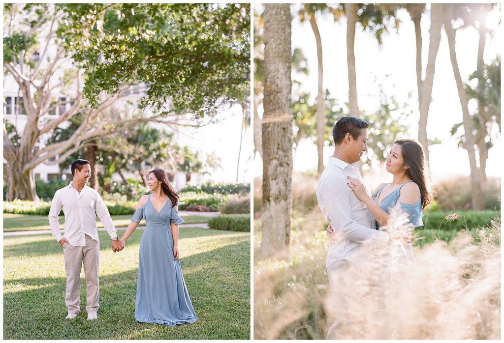 Engagement photos with light blue flowy gown in Naples Florida