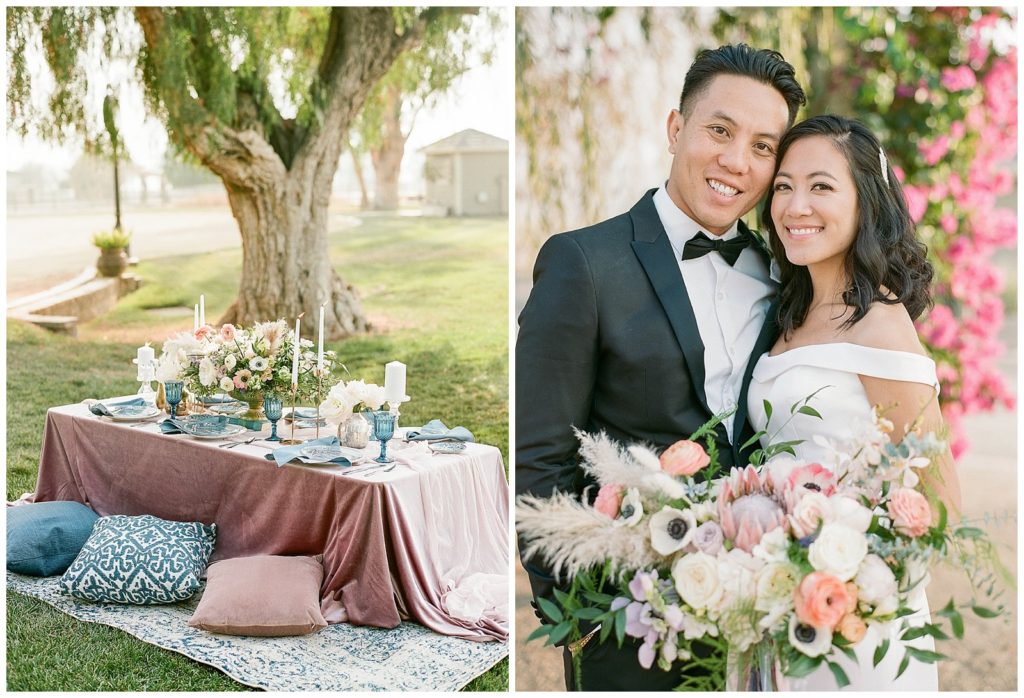 Bohemian tablescape with pink and blue details in Livermore