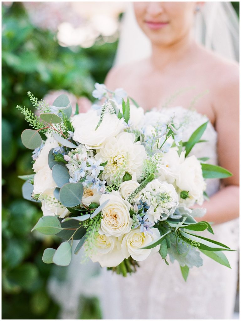 White and blue bouquet for San Francisco wedding