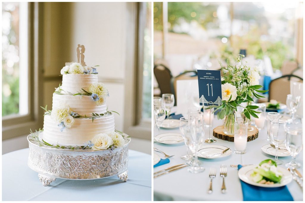 Three tiered wedding cake at The General's House at Fort Mason on Film