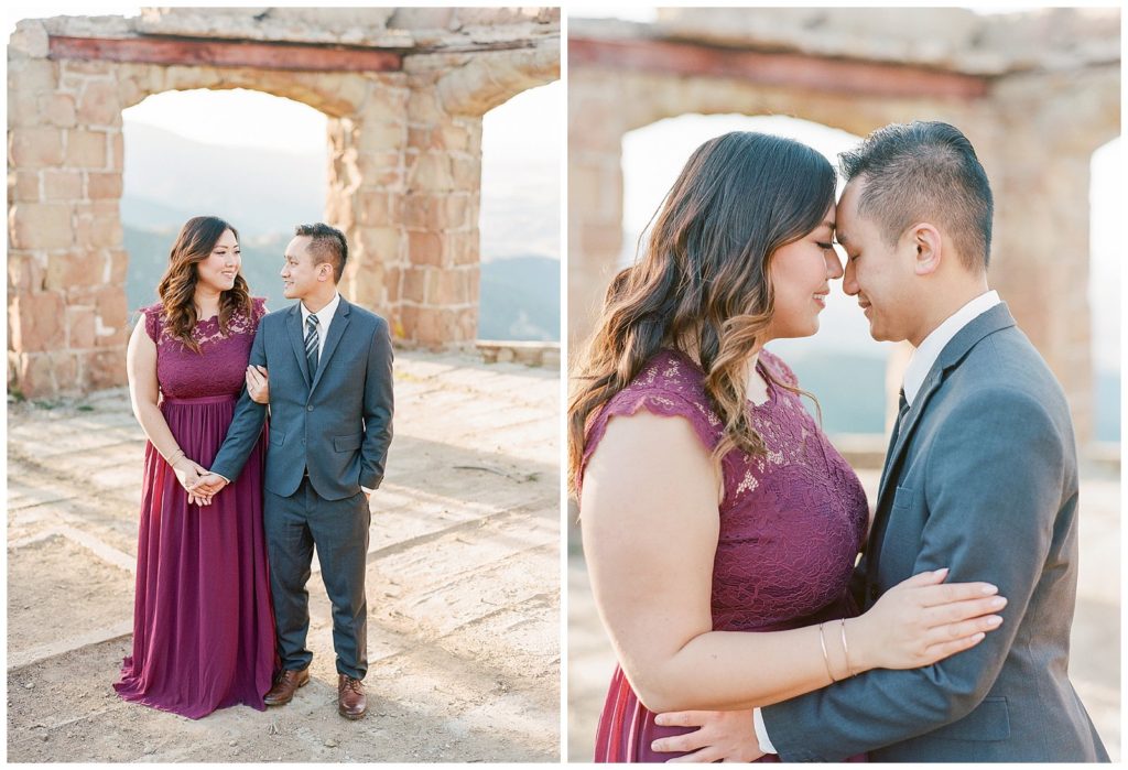 Engagement photos with maroon dress and navy suit
