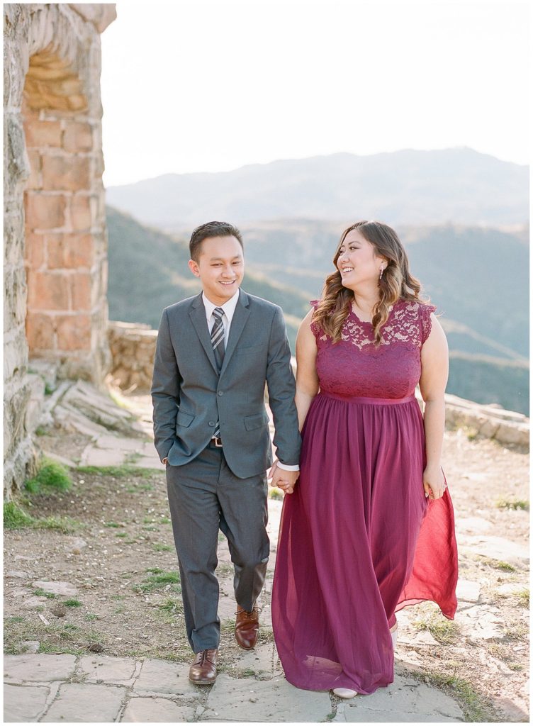 Knapp's Castle Engagement Photos in Santa Barbara with maroon dress || The Ganeys