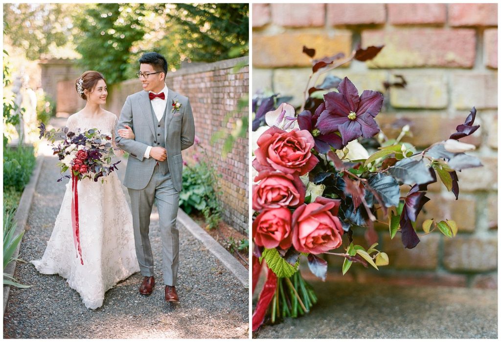 Thornewood Castle wedding with berry toned florals by Thatch Floral