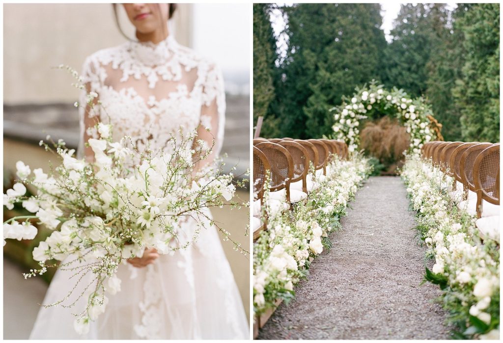 Reem Acra gown with lace sleeves for Chateau Lill Wedding with Gather Design Company and Callista & Co