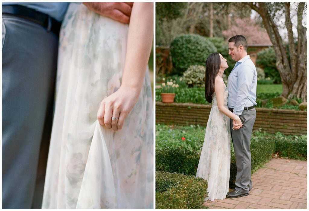 Engagement session with white floral flowy dress