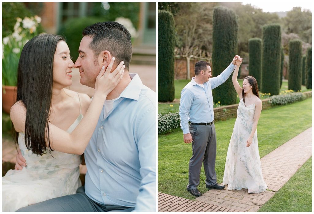 Engagement photos in white floral flowy gown