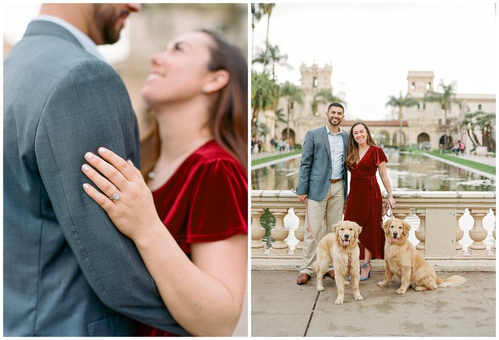 Engagement photos in red velvet dress in San Diego