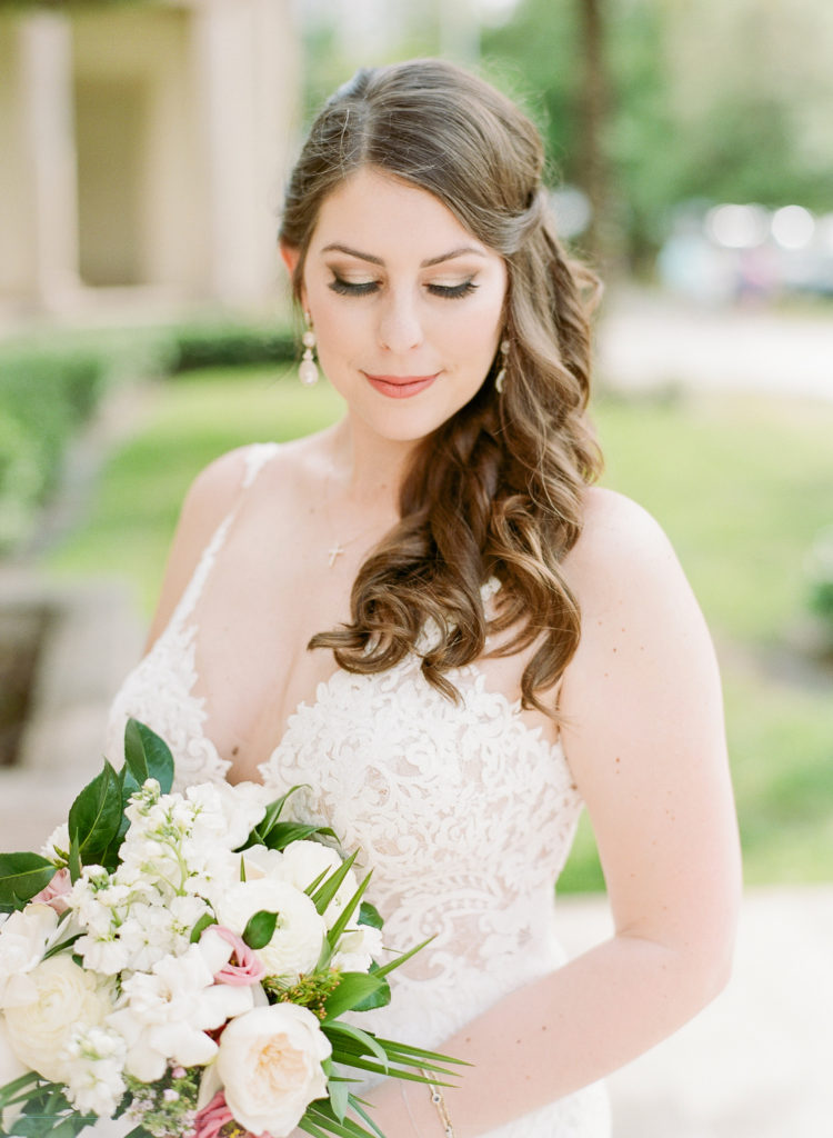 Bride wearing Stella York Gown with tropical bouquet for Museum of Fine Arts St Pete Wedding || The Ganeys
