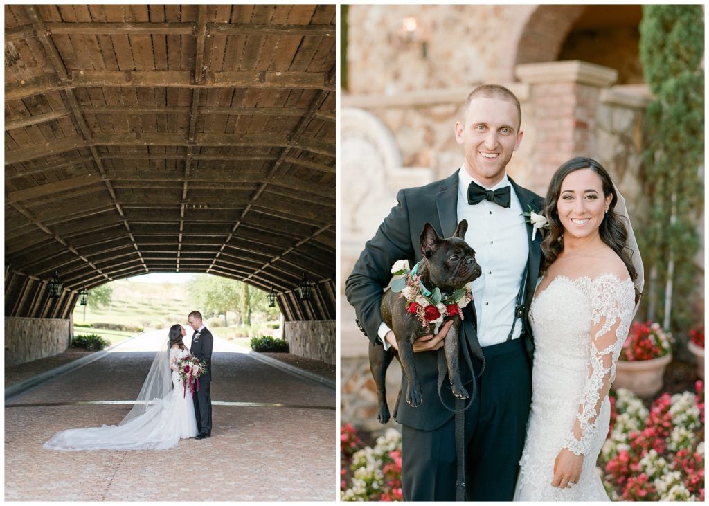 Photos of bride and groom under bridge at Bella Collina