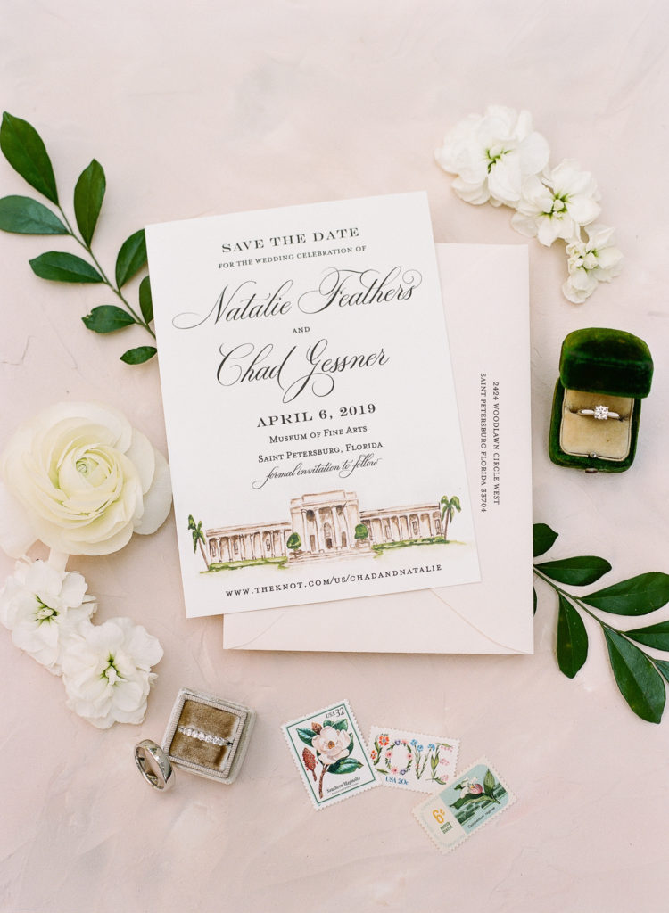 Save the Date with Venue watercolor for Museum of Fine Arts St Pete Wedding by A&P Design Co || The Ganeys