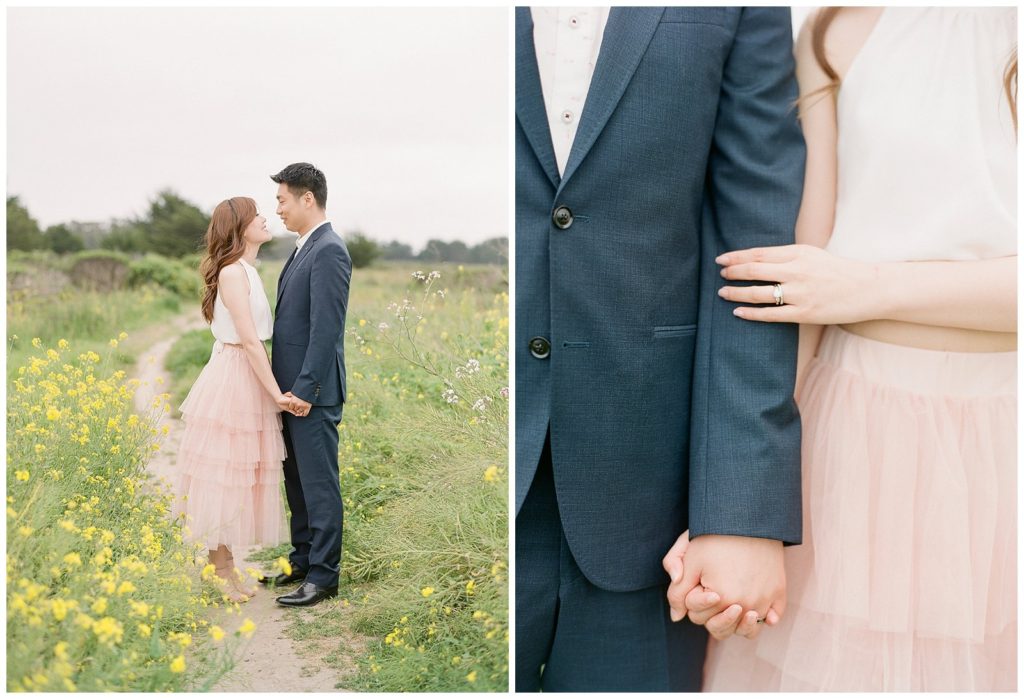 Engagement session in Half Moon Bay with pink tulle skirt and navy suit