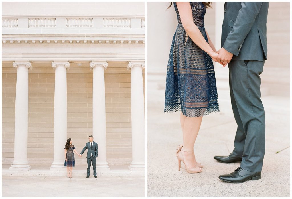 Legion of Honor engagement photos with blue lace dress