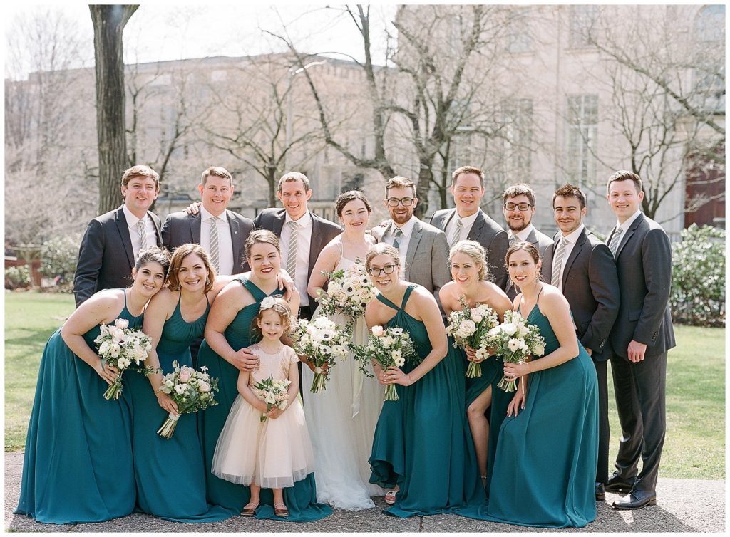 Wedding party in teal and gray on Brown's Campus