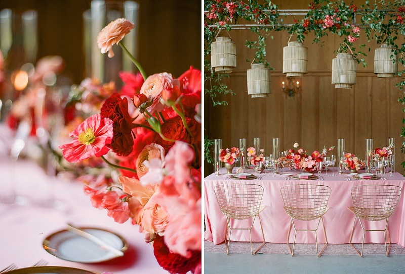 La Tavola Pink linen with pink and red poppies designed by Max Gill Designs for a wedding at The Barn at Green Valley