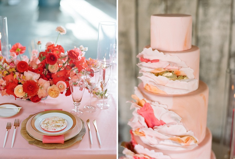 Pink cake with red and gold ruffles for Napa wedding