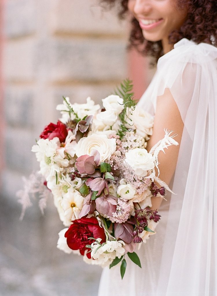 Wedding bouquet with cream, lavender, and burgundy by FH Design || The Ganeys 