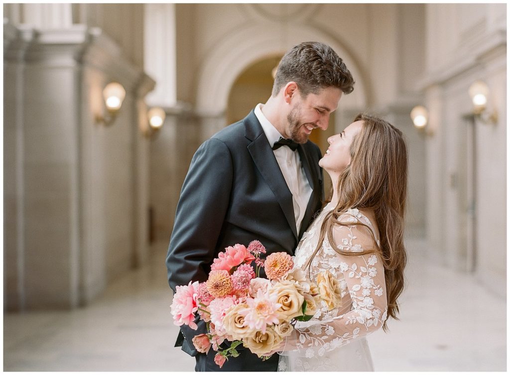 Pinks and yellow bouquet by Gather Design Company for SF City Hall Wedding