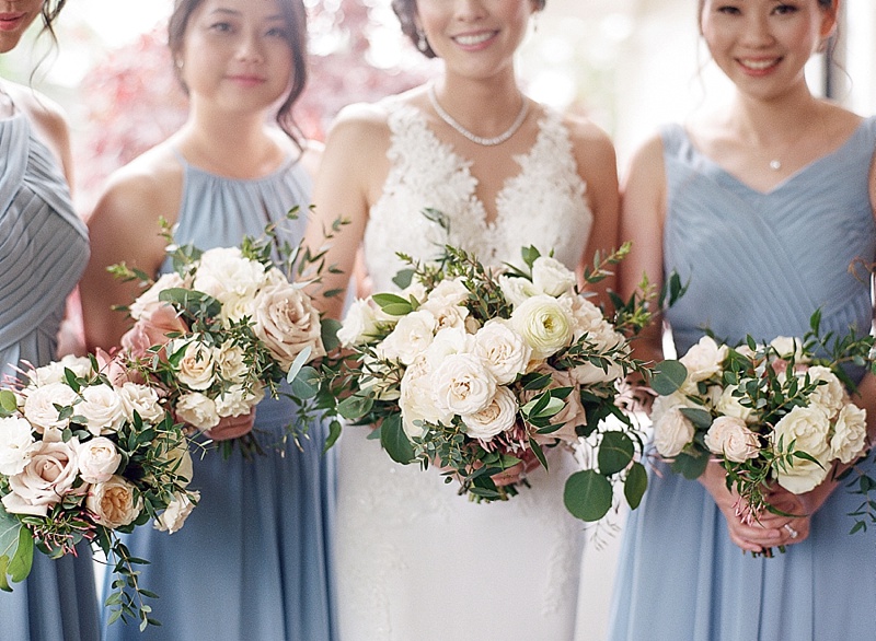 Dusty Blue bridesmaids dresses with Lily & Mint Bouquets